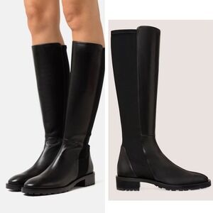 Stuart Weitzman 5050 Women's Knee High Lug Boots Black Leather Stretch Pull On 6